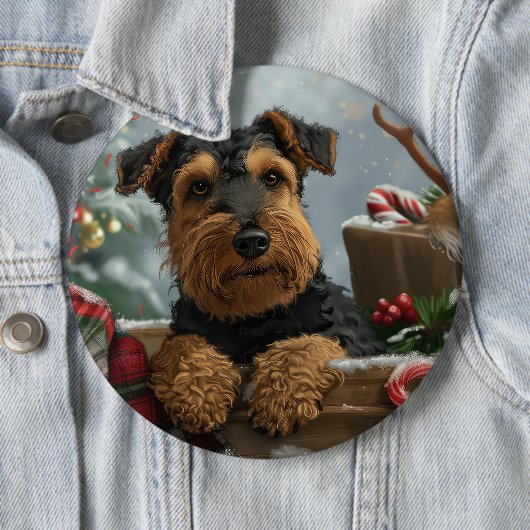 Airedale-hond kerstfeest  ronde button 6,0 cm (In situ)