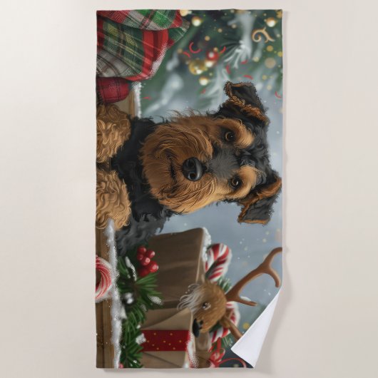 Airedale Hond Kerstfeest Strandlaken (Voorkant)