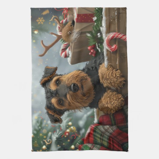 Airedale Hond Kerstfeest Theedoek (Verticaal)