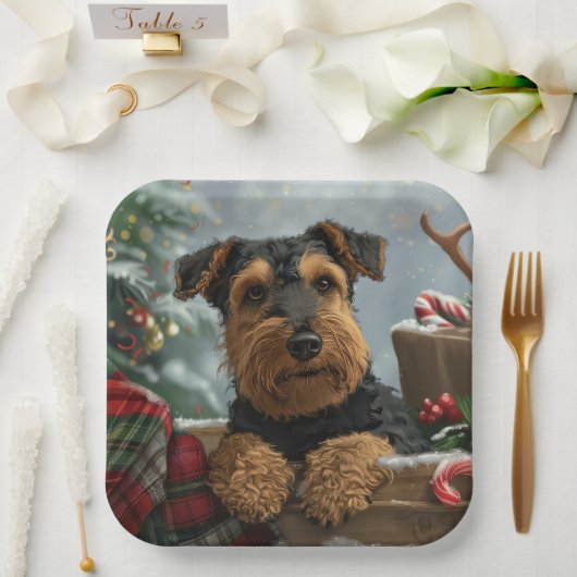 Airedale-hond Kerstfeestviering Papieren Bordje (Huwelijk)