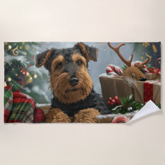 Airedale-hond Kerstfeestviering Strandlaken (Voorkant)