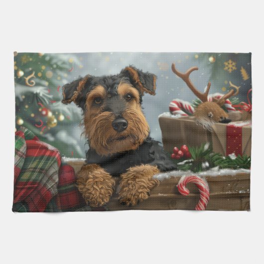 Airedale-hond Kerstfeestviering Theedoek (Horizontaal)
