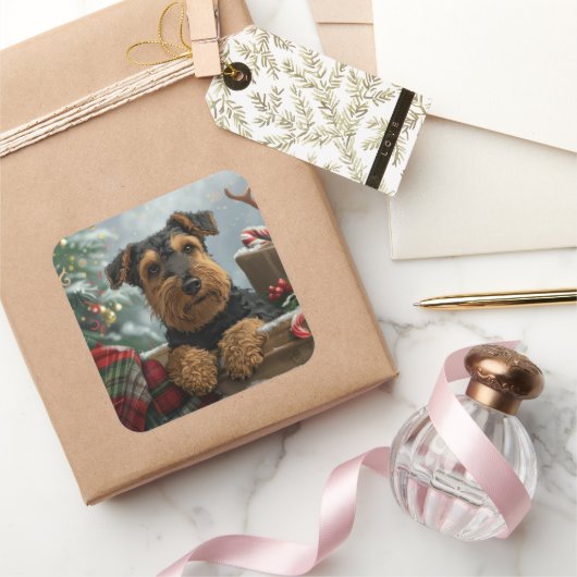 Airedale-hond Kerstfeestviering Vierkante Sticker (Geschenken)