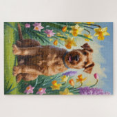 Airedale-hond lente bloemen schilderij legpuzzel (Horizontaal)