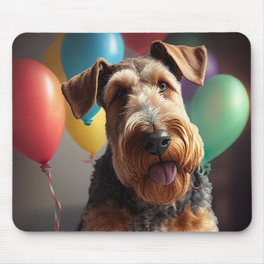 Airedale-hond met cake en ballonnen muismat (Voorkant)
