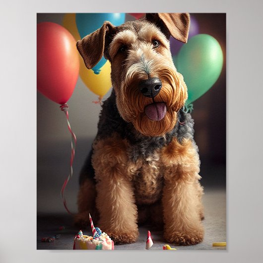 Airedale-hond met cake en ballonnen poster (Voorkant)