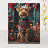 Airedale hond met kerstcadeaus open haard kaart (Gele Bloem)