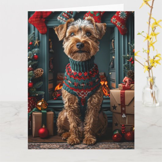 Airedale hond met kerstcadeaus open haard kaart (Gele Bloem)