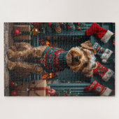 Airedale hond met kerstcadeaus open haard legpuzzel (Horizontaal)