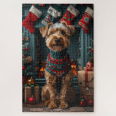 Airedale hond met kerstcadeaus open haard legpuzzel (Verticaal)