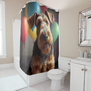 Airedale hond met taart en ballonnen douchegordijn