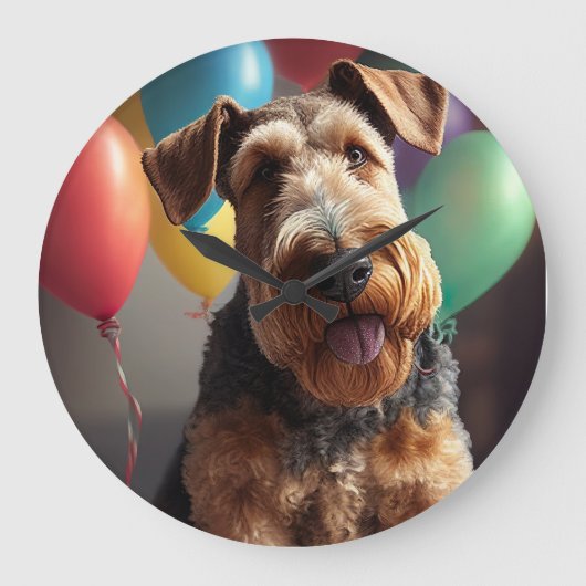 Airedale hond met taart en ballonnen grote klok (Voorkant)