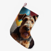 Airedale hond met taart en ballonnen kleine kerstsok (Voorkant (Hangend))