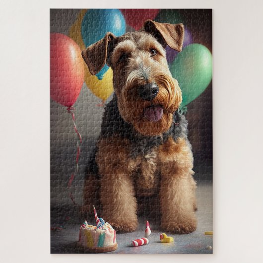 Airedale hond met taart en ballonnen legpuzzel (Verticaal)
