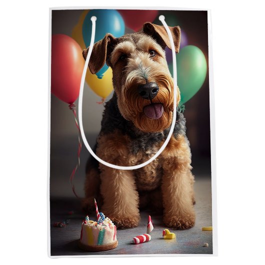 Airedale hond met taart en ballonnen medium cadeauzakje (Voorkant)
