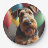 Airedale hond met taart en ballonnen papieren bordje (Voorkant)