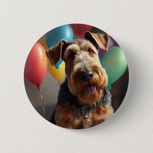 Airedale hond met taart en ballonnen ronde button 5,7 cm (Voorkant)