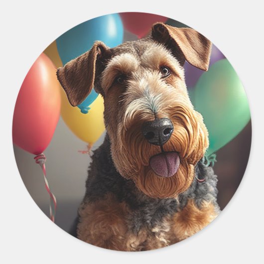 Airedale hond met taart en ballonnen ronde sticker (Voorkant)