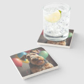 Airedale hond met taart en ballonnen stenen onderzetter (Zijkant)