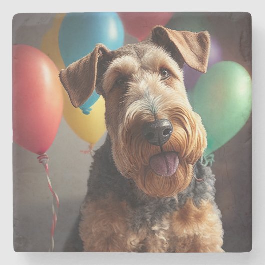 Airedale hond met taart en ballonnen stenen onderzetter (Voorkant)
