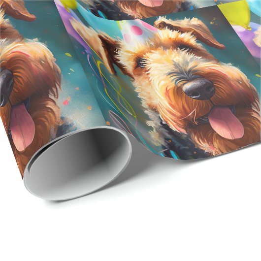 Airedale hond met verjaardagscadeau en pet cadeaupapier (Rol Hoek)