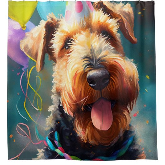 Airedale hond met verjaardagscadeau en pet douchegordijn (Voorkant)