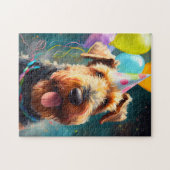 Airedale hond met verjaardagscadeau en pet legpuzzel (Horizontaal)