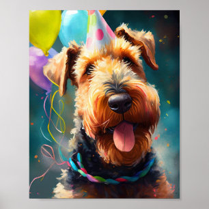Airedale hond met verjaardagscadeau en pet poster