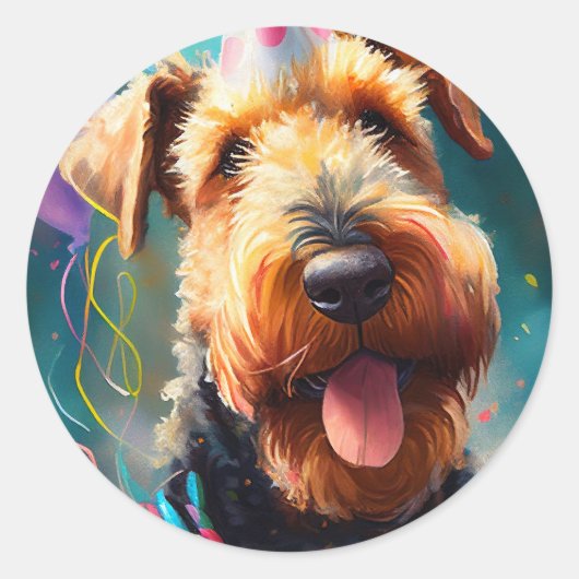 Airedale hond met verjaardagscadeau en pet ronde sticker (Voorkant)