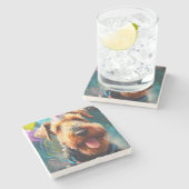 Airedale hond met verjaardagscadeau en pet stenen onderzetter (Zijkant)