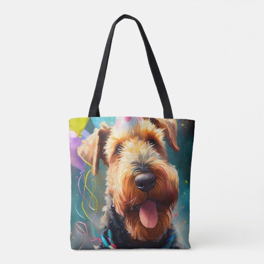 Airedale hond met verjaardagscadeau en pet tote bag (Achterkant)