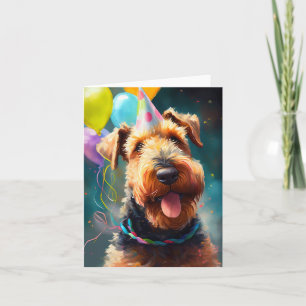 Airedale-hond met verjaardagshoed en ballonnen kaart