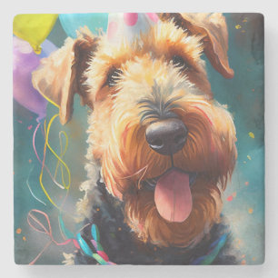Airedale-hond met verjaardagshoed en ballonnen stenen onderzetter