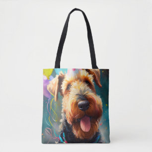 Airedale-hond met verjaardagshoed en ballonnen tote bag