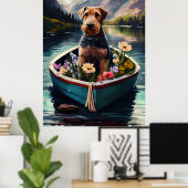 Airedale-hond op een peddel: Een landschappelijk a Poster (Thuiskantoor)