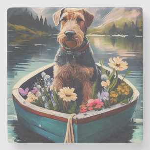 Airedale-hond op een peddel: Een landschapsavontuu Stenen Onderzetter