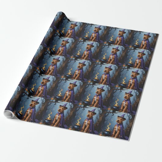 Airedale-hond Whimsical Halloween-schilderij Cadeaupapier (Uitgerold)