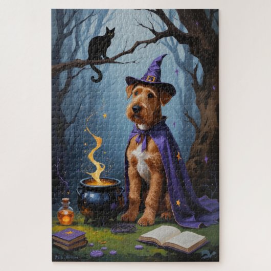 Airedale-hond Whimsical Halloween-schilderij Legpuzzel (Verticaal)