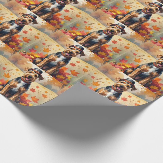 Airedale in de herfst laat Thanksgiving kunst acht Cadeaupapier (Hoek)