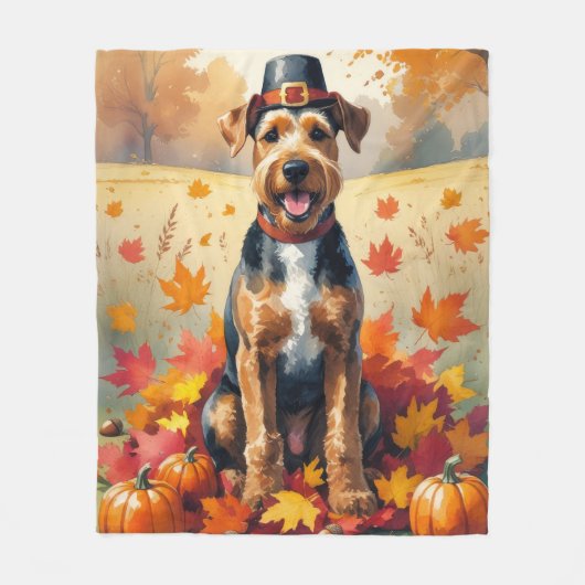 Airedale in de herfst laat Thanksgiving kunst acht Fleece Deken (Voorkant)