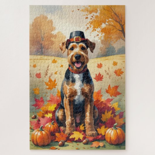 Airedale in de herfst laat Thanksgiving kunst acht Legpuzzel (Verticaal)
