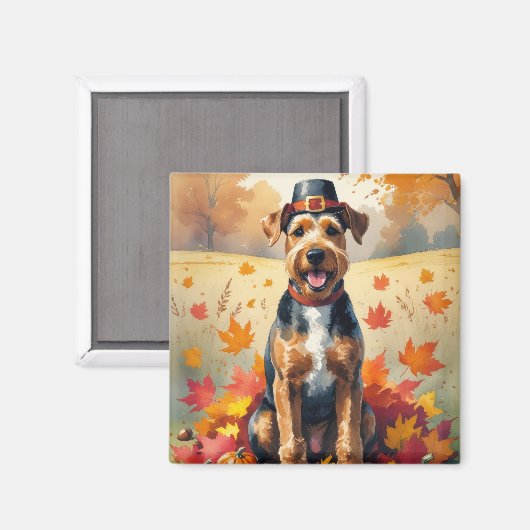 Airedale in de herfst laat Thanksgiving kunst acht Magneet (Voorkant / Achterkant)