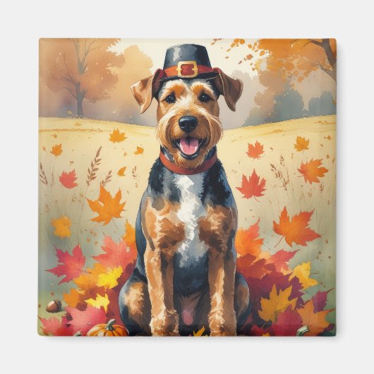 Airedale in de herfst laat Thanksgiving kunst acht Magneet (Voorkant)