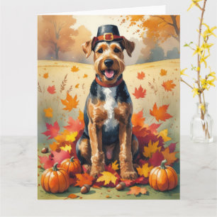 Airedale in herfstbladeren Thanksgiving Kunst Kaart