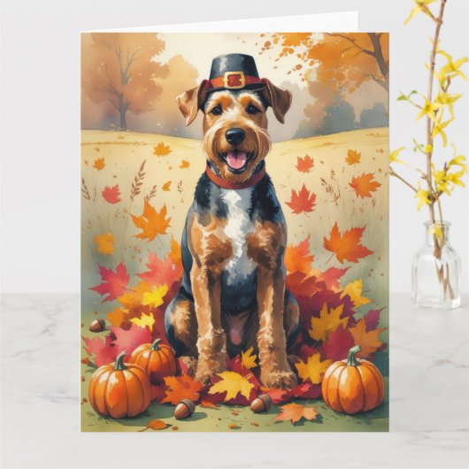 Airedale in herfstbladeren Thanksgiving Kunst Kaart (Gele Bloem)