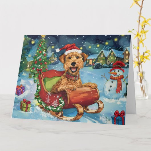 Airedale in Sleigh Snow Kerstmis Kaart (Gele Bloem)