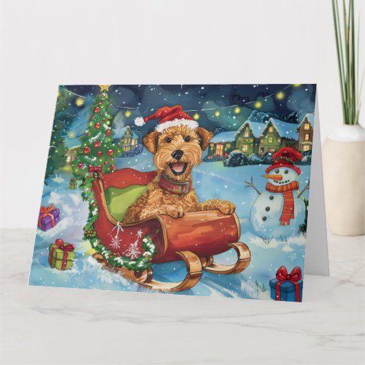Airedale in Sleigh Snow Kerstmis Kaart (Voorkant)
