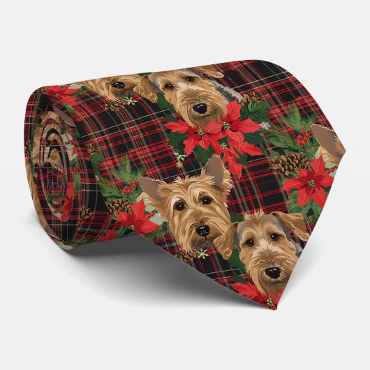 Airedale Kerst Plaid Patroon Rood Groen Stropdas (Opgerold)
