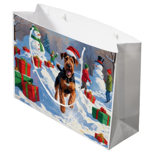 Airedale Kerstfeest Sneeuwscène Groot Cadeauzakje (Achterkant Gekanteld)