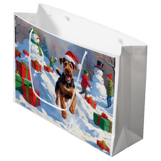 Airedale Kerstfeest Sneeuwscène Groot Cadeauzakje (Voorkant Gekanteld)